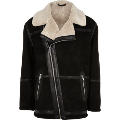 Black borg collar faux suede jacket